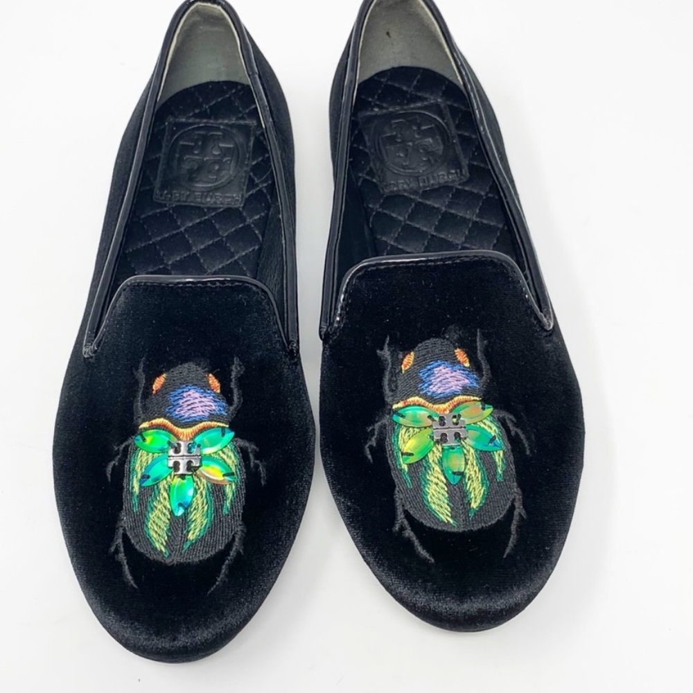 Tory Burch Black Velvet Beetle Embroidered Loafers